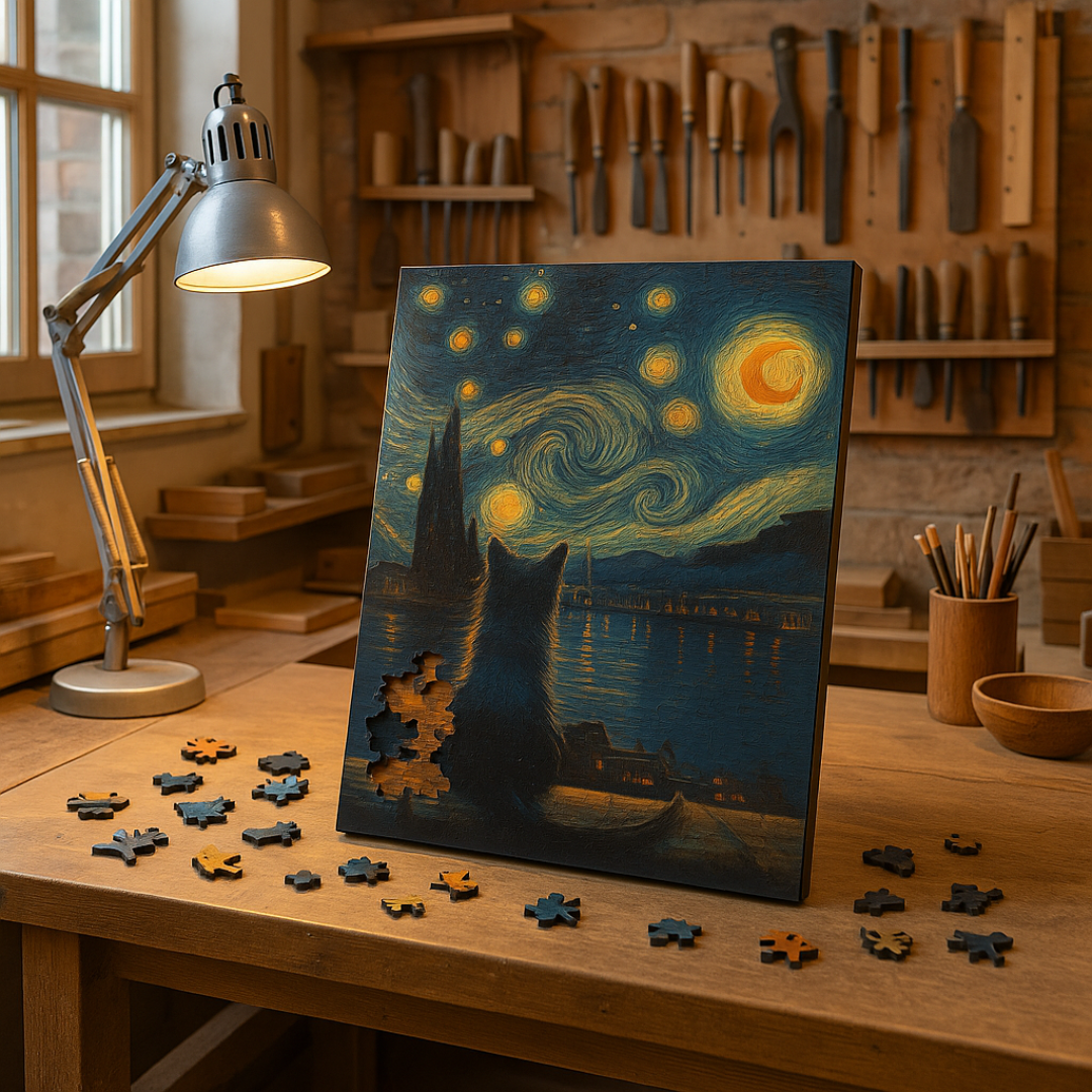 Cat Starry Night - Wooden Jigsaw Puzzle