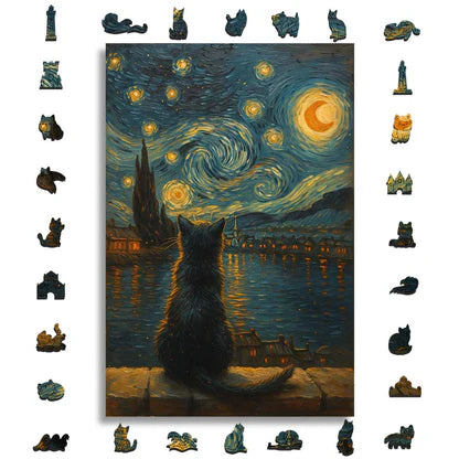 Cat Starry Night - Wooden Jigsaw Puzzle